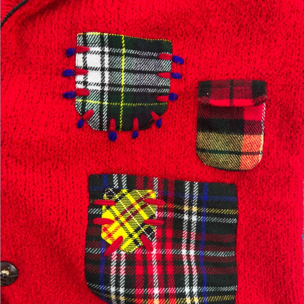 Sandy Starkman L Red Wool Patchwork Plaid Knit Ja… - image 3